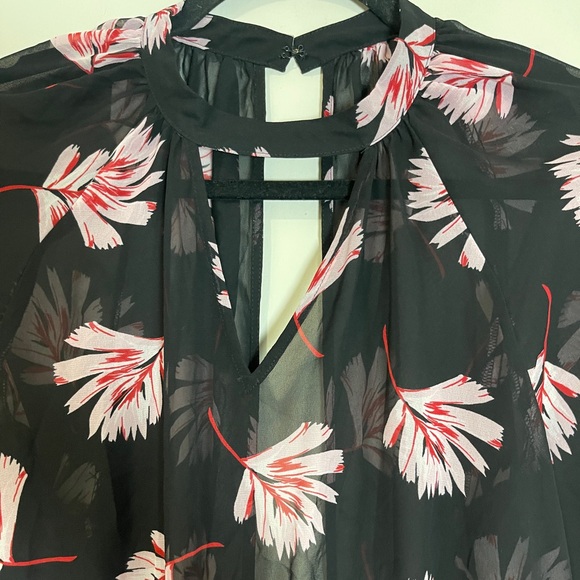 Express Womens Blouse Size S/P Black Floral Sheer Keyhole Open Back Shirt - Picture 5 of 13